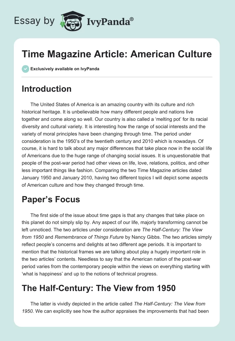 Time Magazine Article: American Culture. Page 1