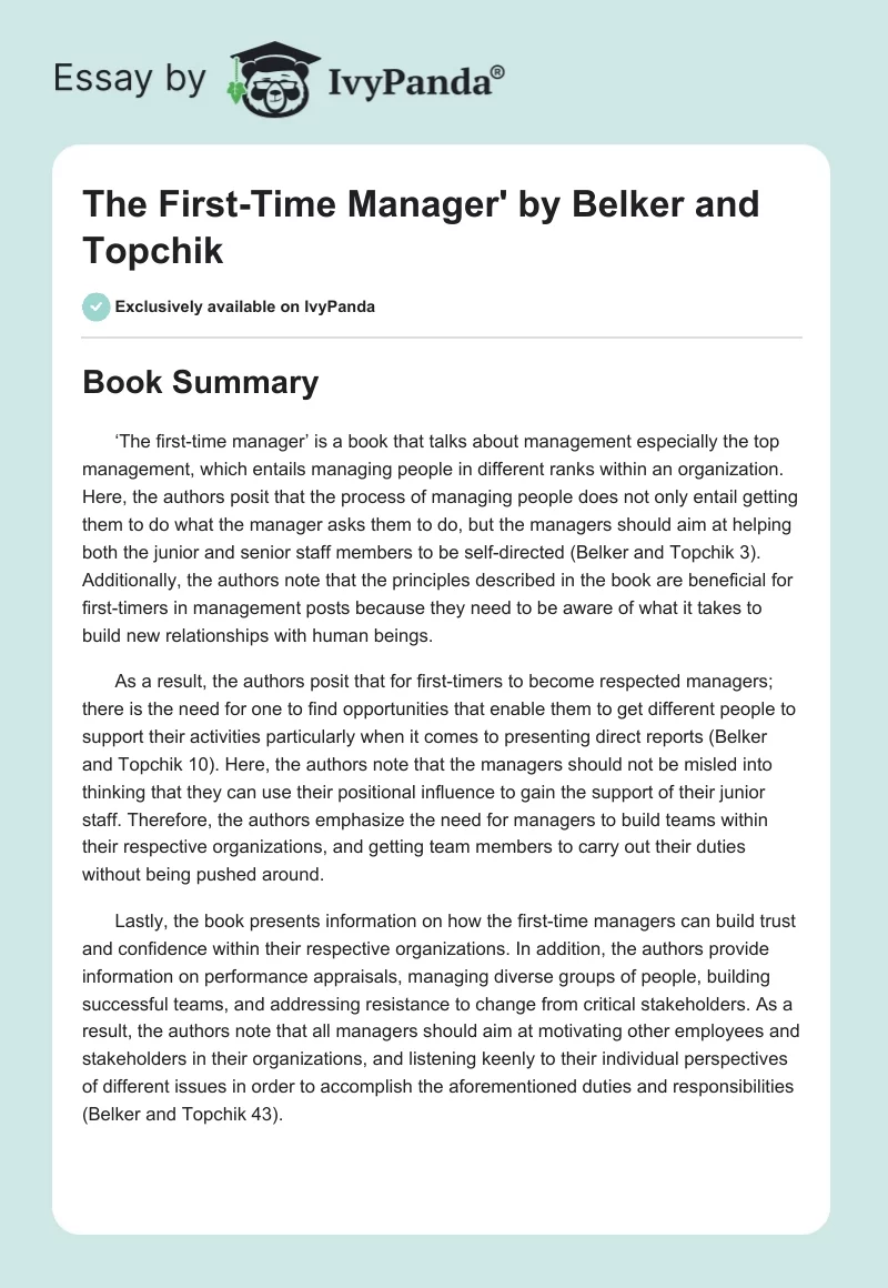 The First-Time Manager' by Belker and Topchik. Page 1