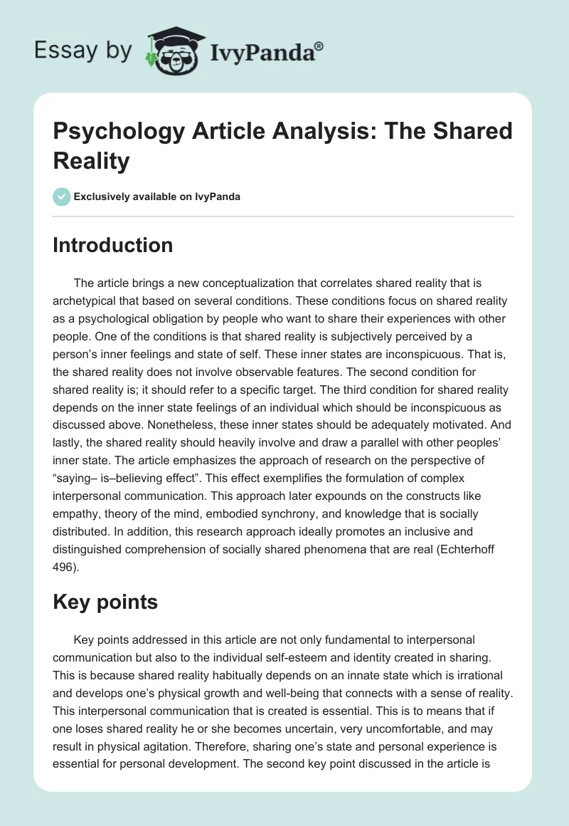 Psychology Article Analysis: The Shared Reality. Page 1