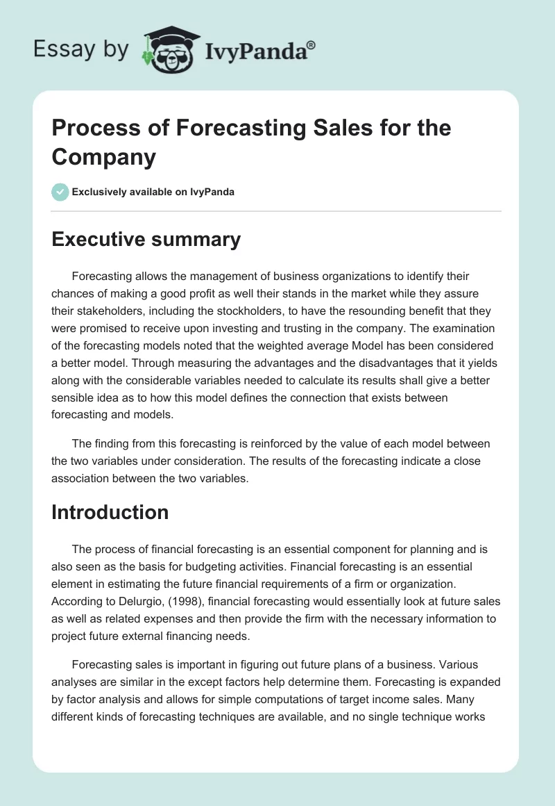 Process of Forecasting Sales for the Company. Page 1