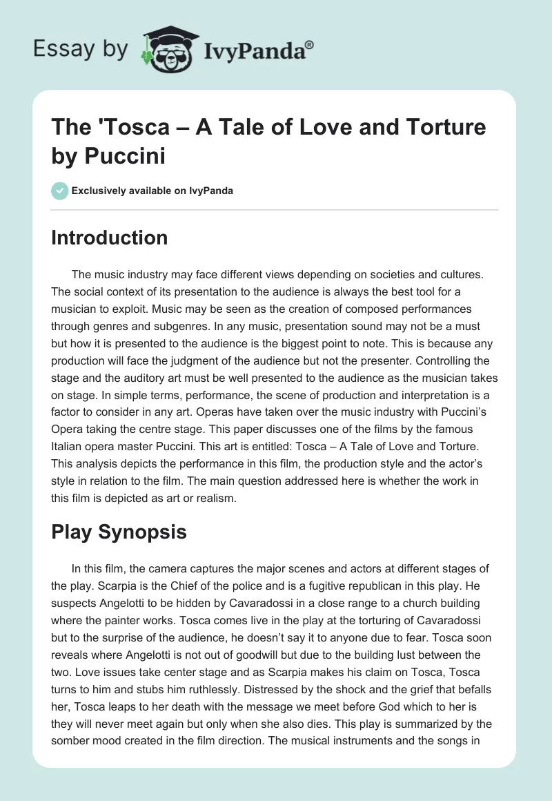 The 'Tosca – A Tale of Love and Torture" by Puccini. Page 1