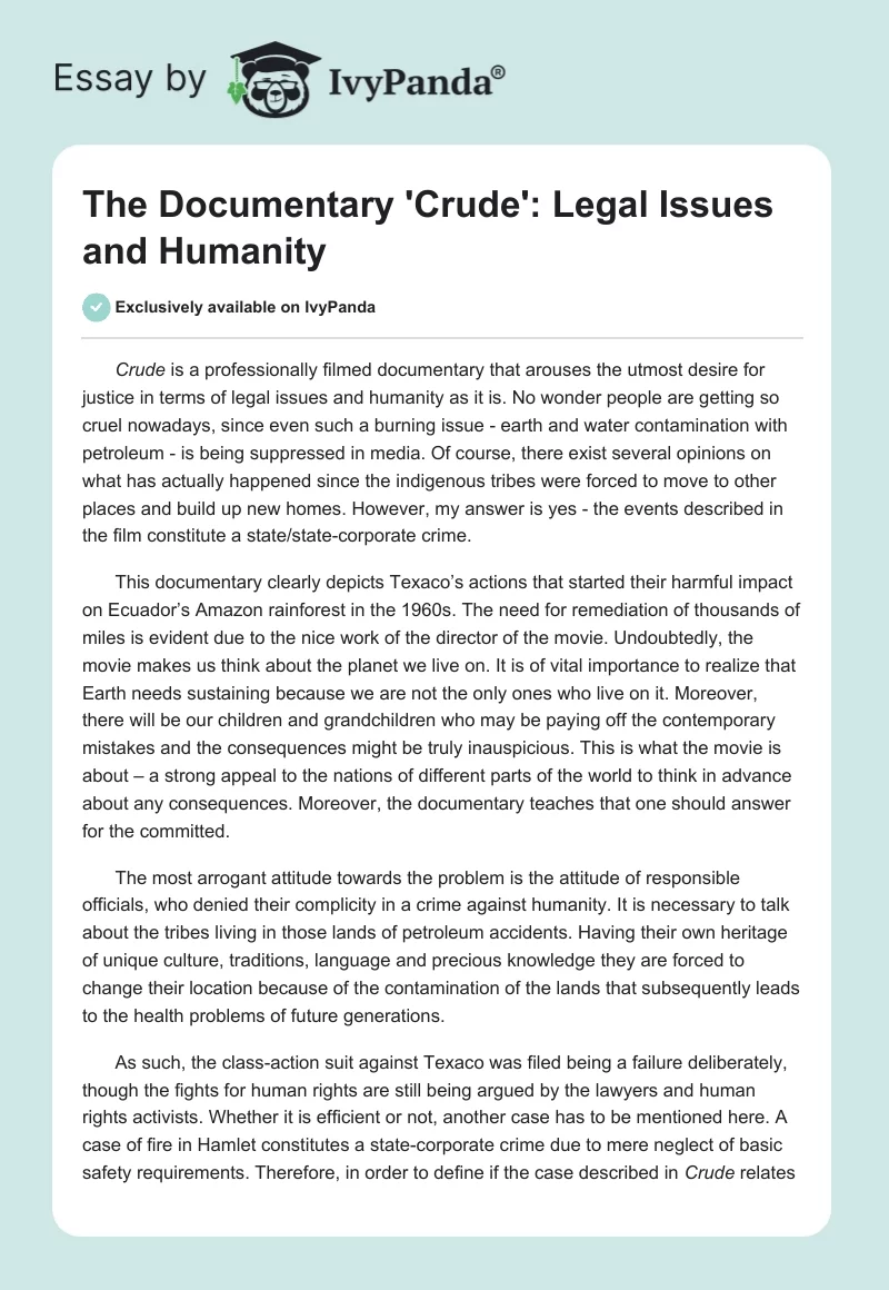 The Documentary 'Crude': Legal Issues and Humanity. Page 1