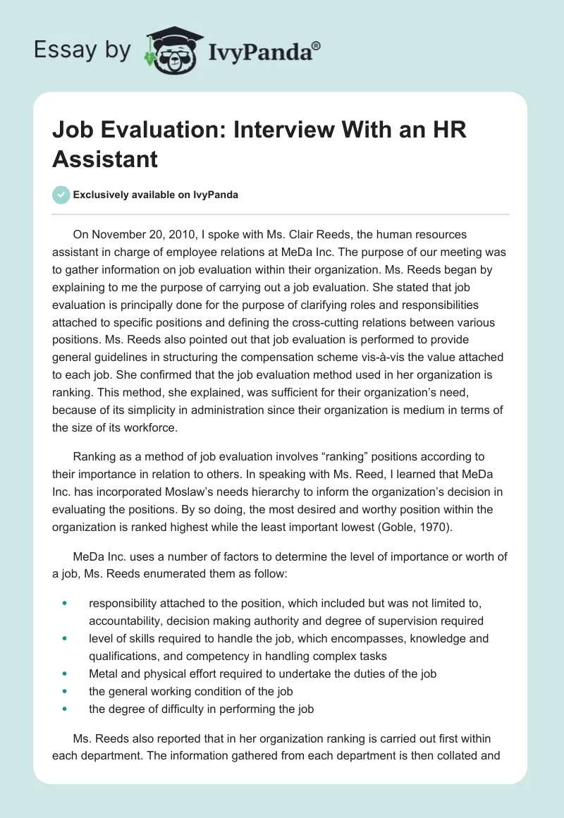 Job Evaluation: Interview With an HR Assistant. Page 1