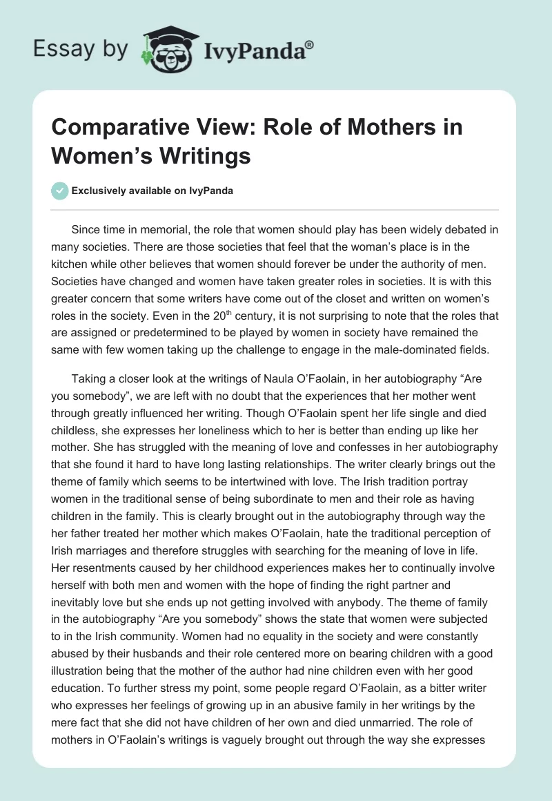 Comparative View: Role of Mothers in Women’s Writings. Page 1