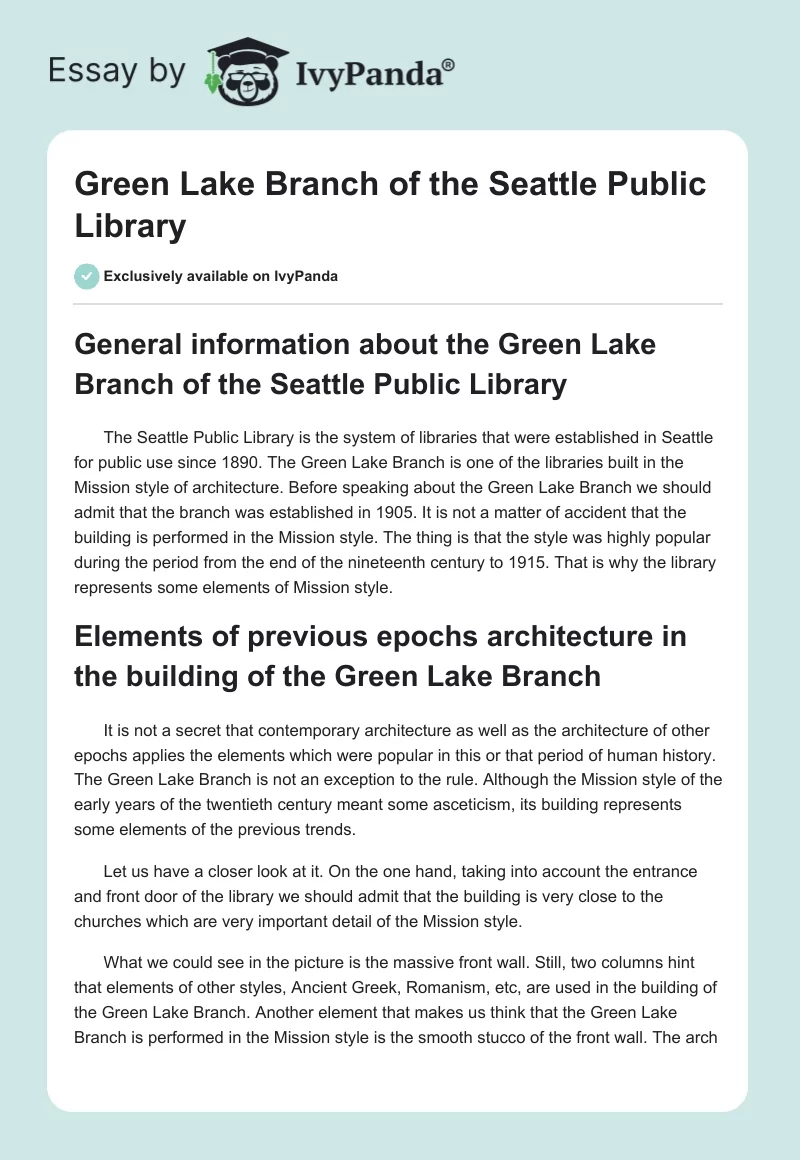 Green Lake Branch of the Seattle Public Library. Page 1