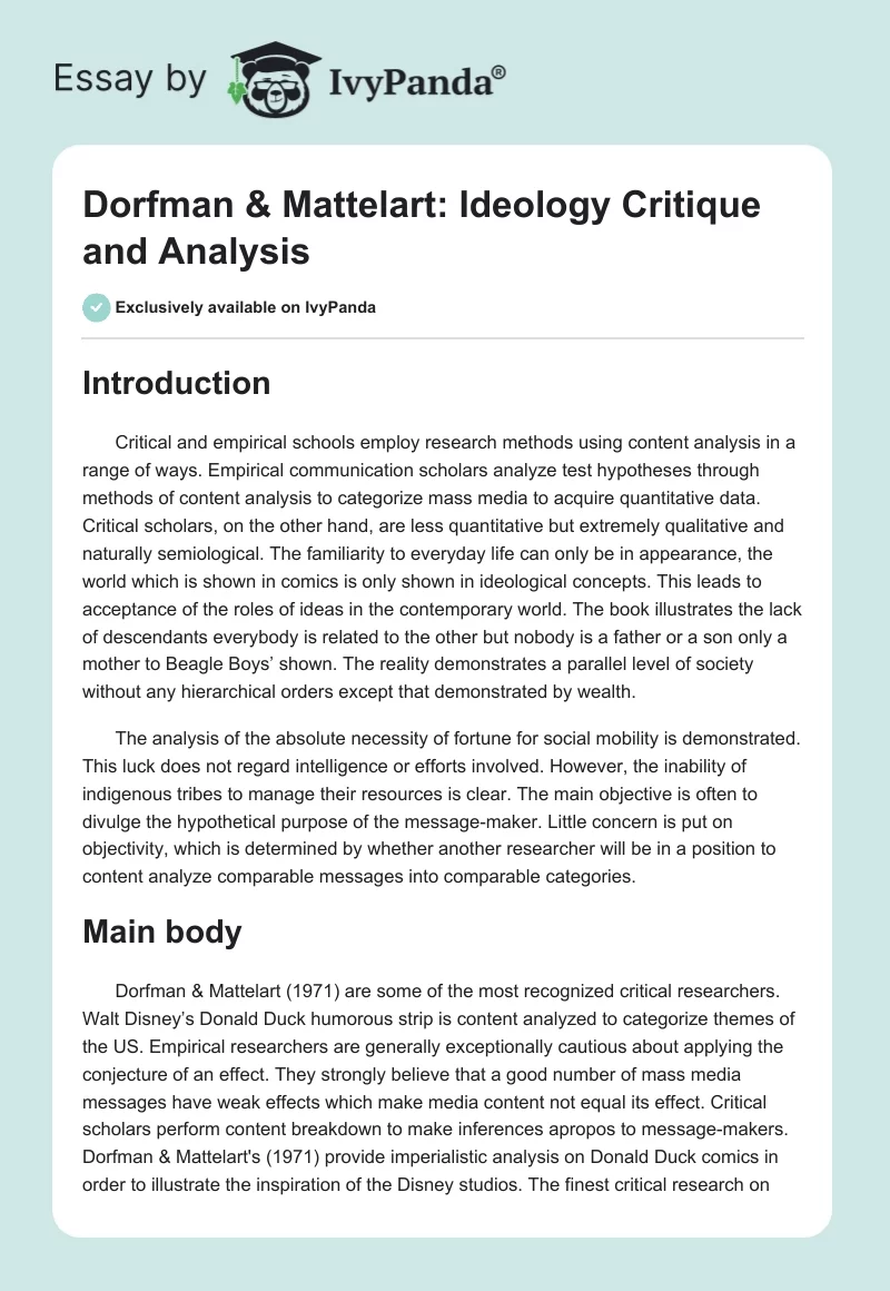 Dorfman & Mattelart: Ideology Critique and Analysis. Page 1