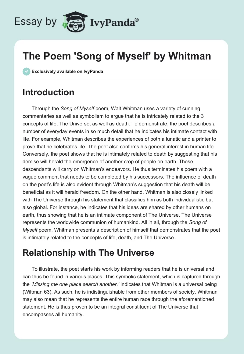 The Poem 'Song of Myself' by Whitman. Page 1