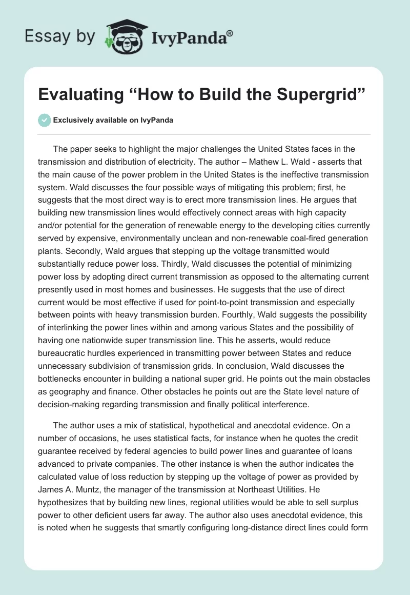 Evaluating “How to Build the Supergrid”. Page 1