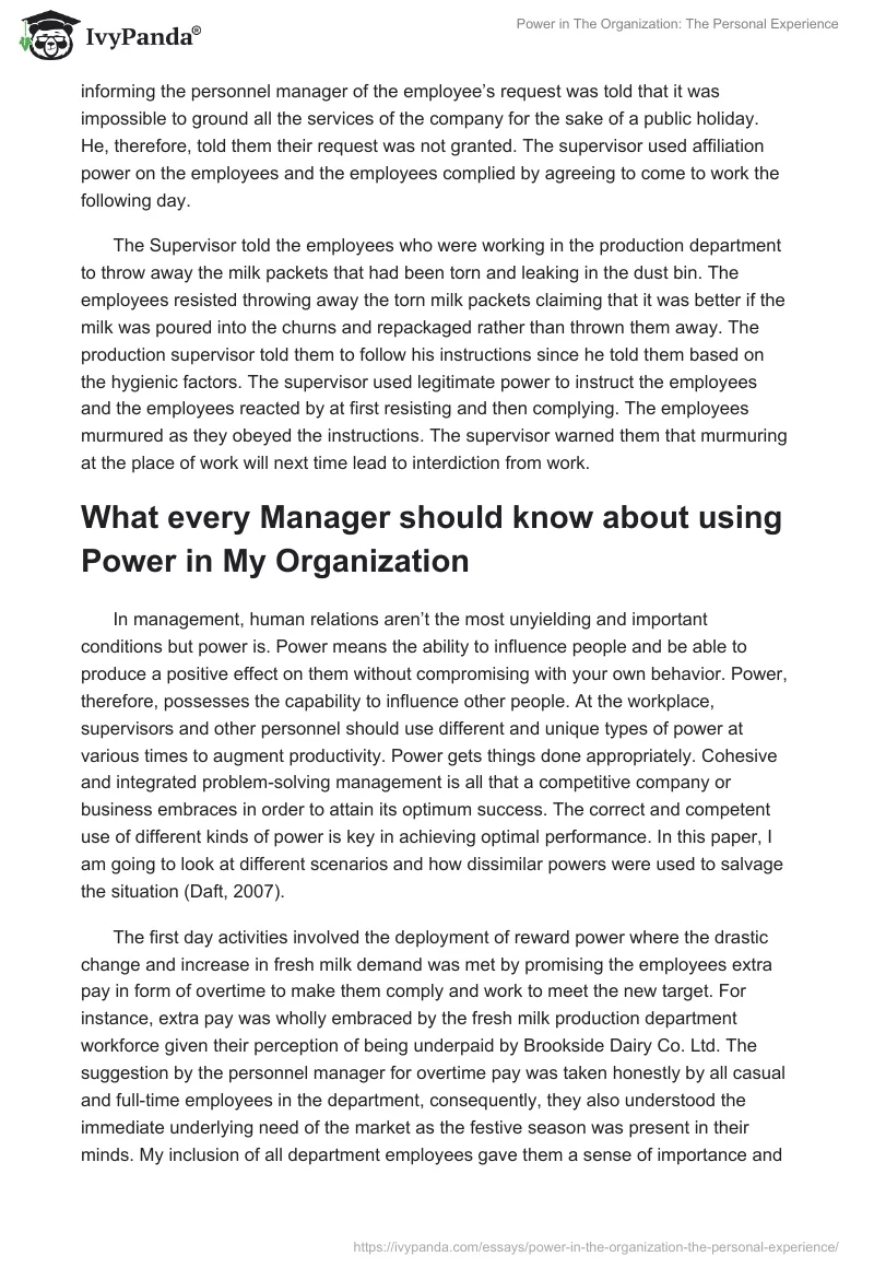 Power in The Organization: The Personal Experience. Page 3
