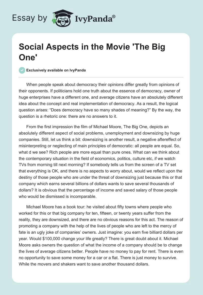Social Aspects in the Movie 'The Big One'. Page 1