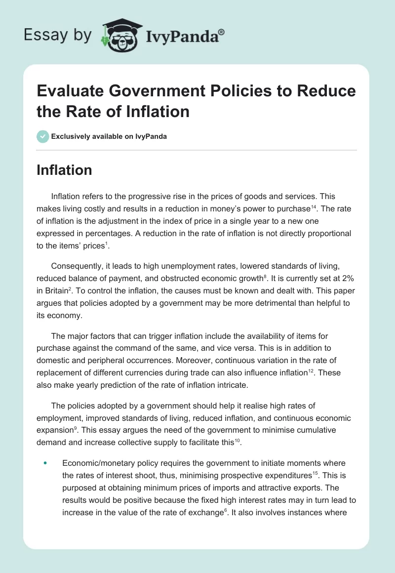 Evaluate Government Policies to Reduce the Rate of Inflation. Page 1