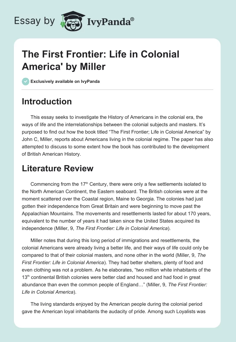 The First Frontier: Life in Colonial America' by Miller. Page 1