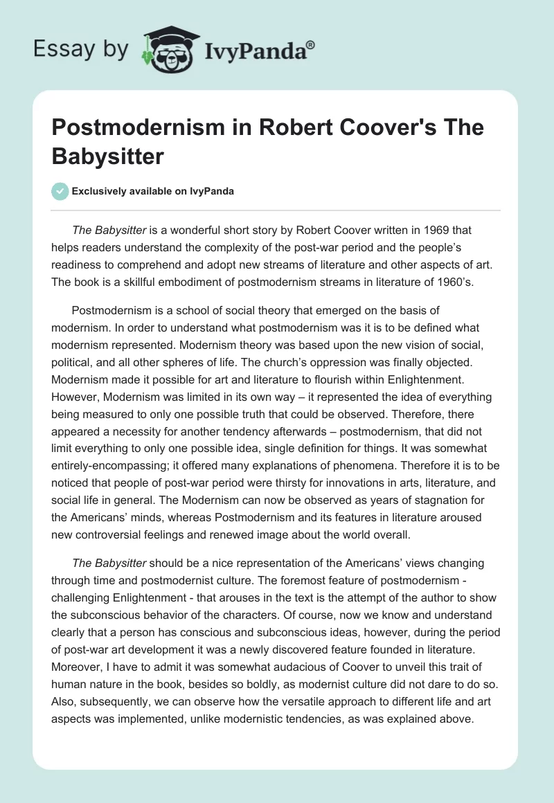 Postmodernism in Robert Coover's The Babysitter. Page 1
