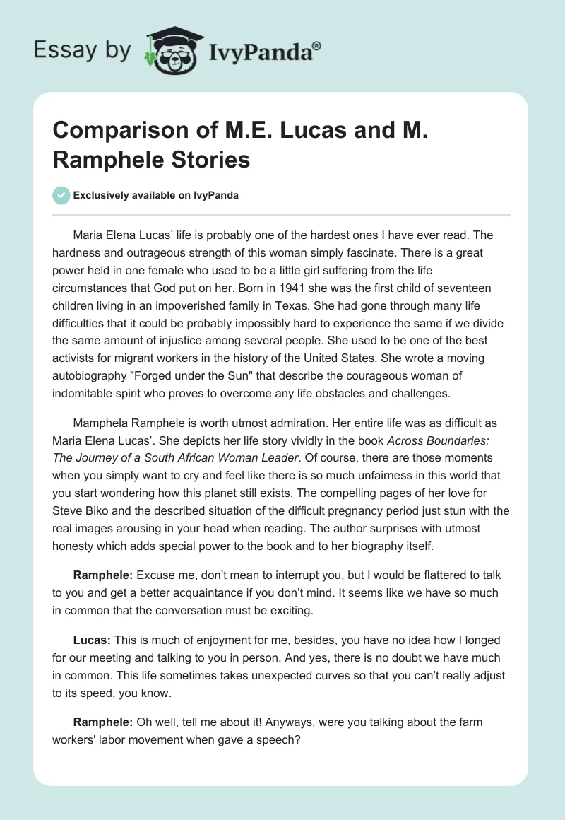 Comparison of M.E. Lucas and M. Ramphele Stories. Page 1