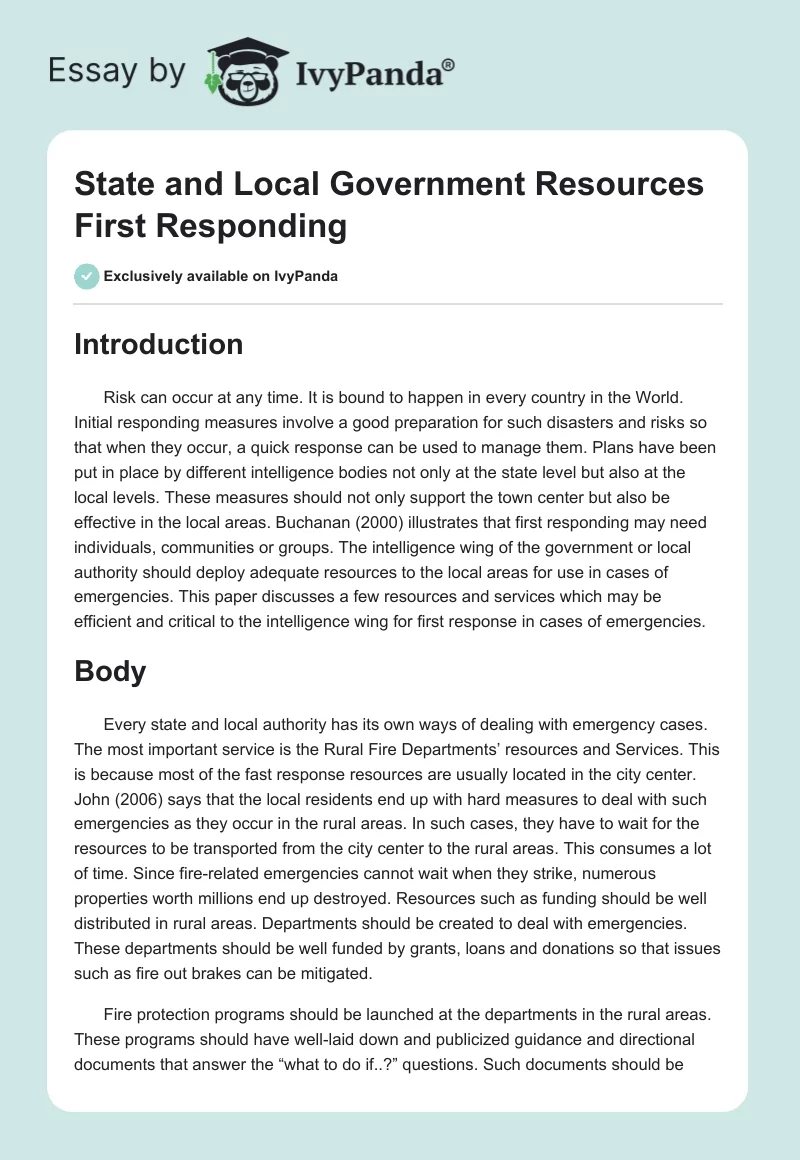 State and Local Government Resources First Responding. Page 1