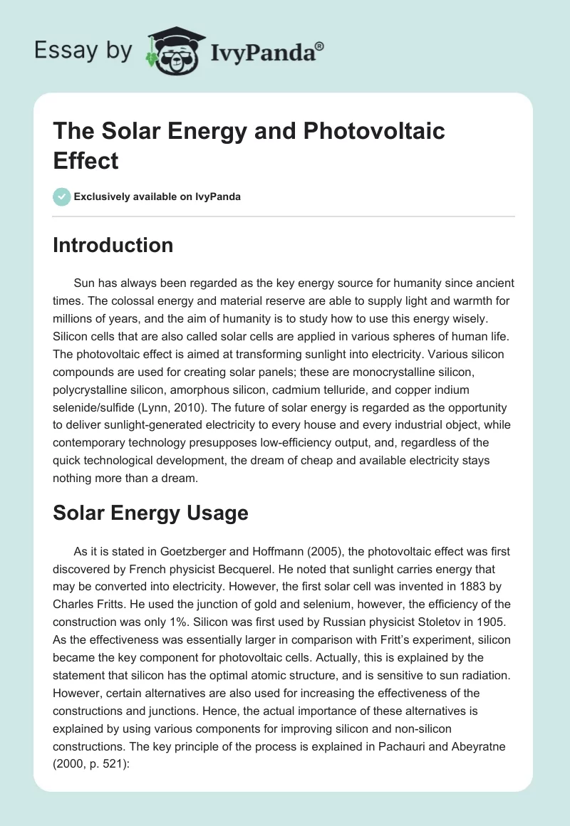 The Solar Energy and Photovoltaic Effect. Page 1