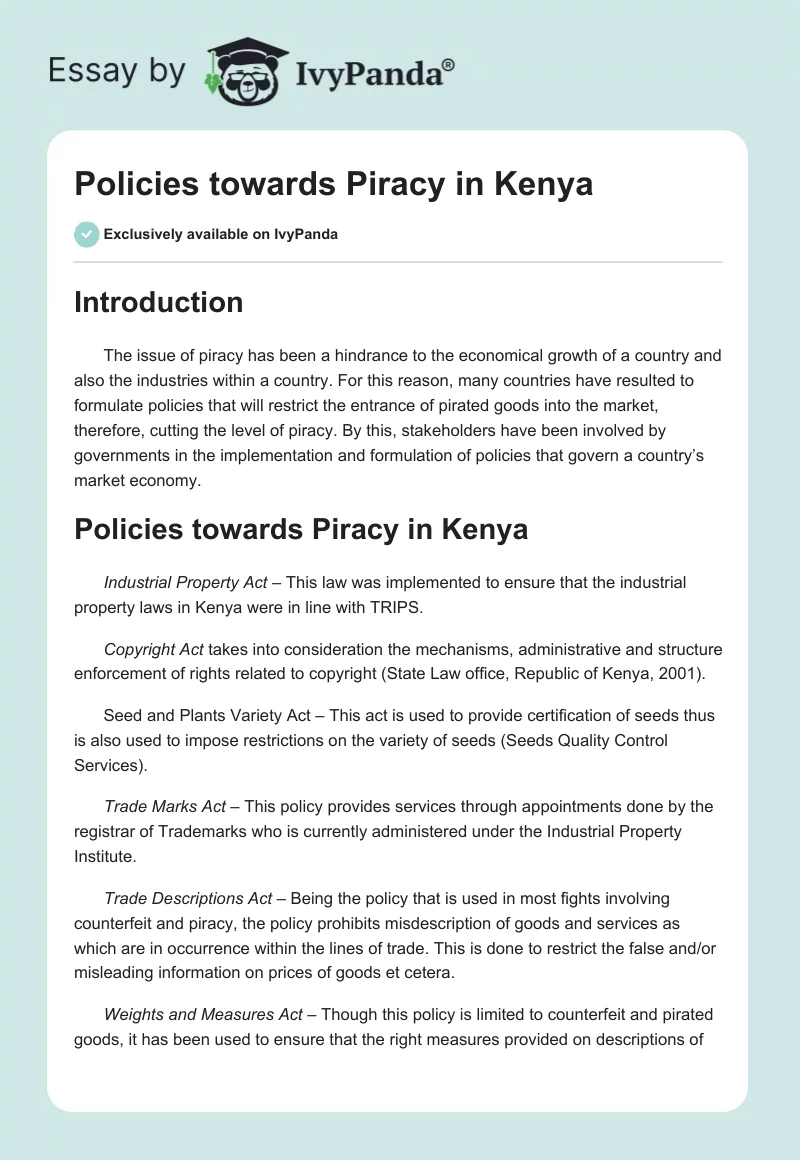 Policies towards Piracy in Kenya. Page 1