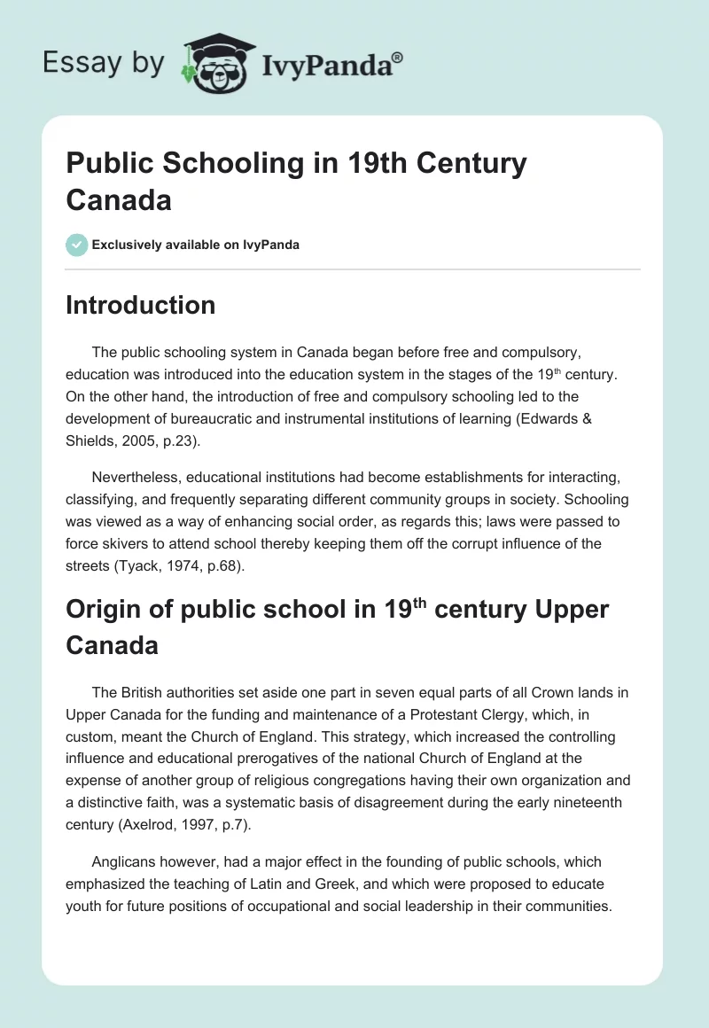 Public Schooling in 19th Century Canada. Page 1