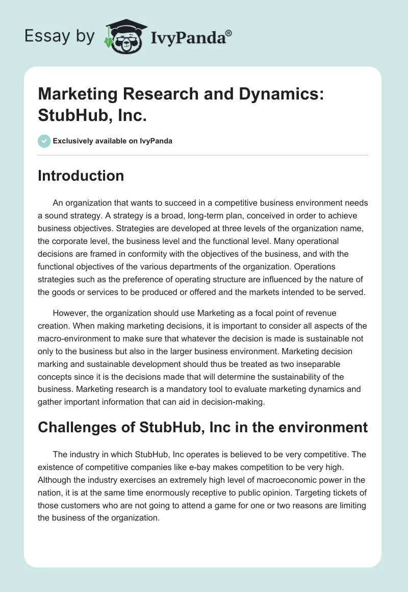 Marketing Research and Dynamics: StubHub, Inc.. Page 1