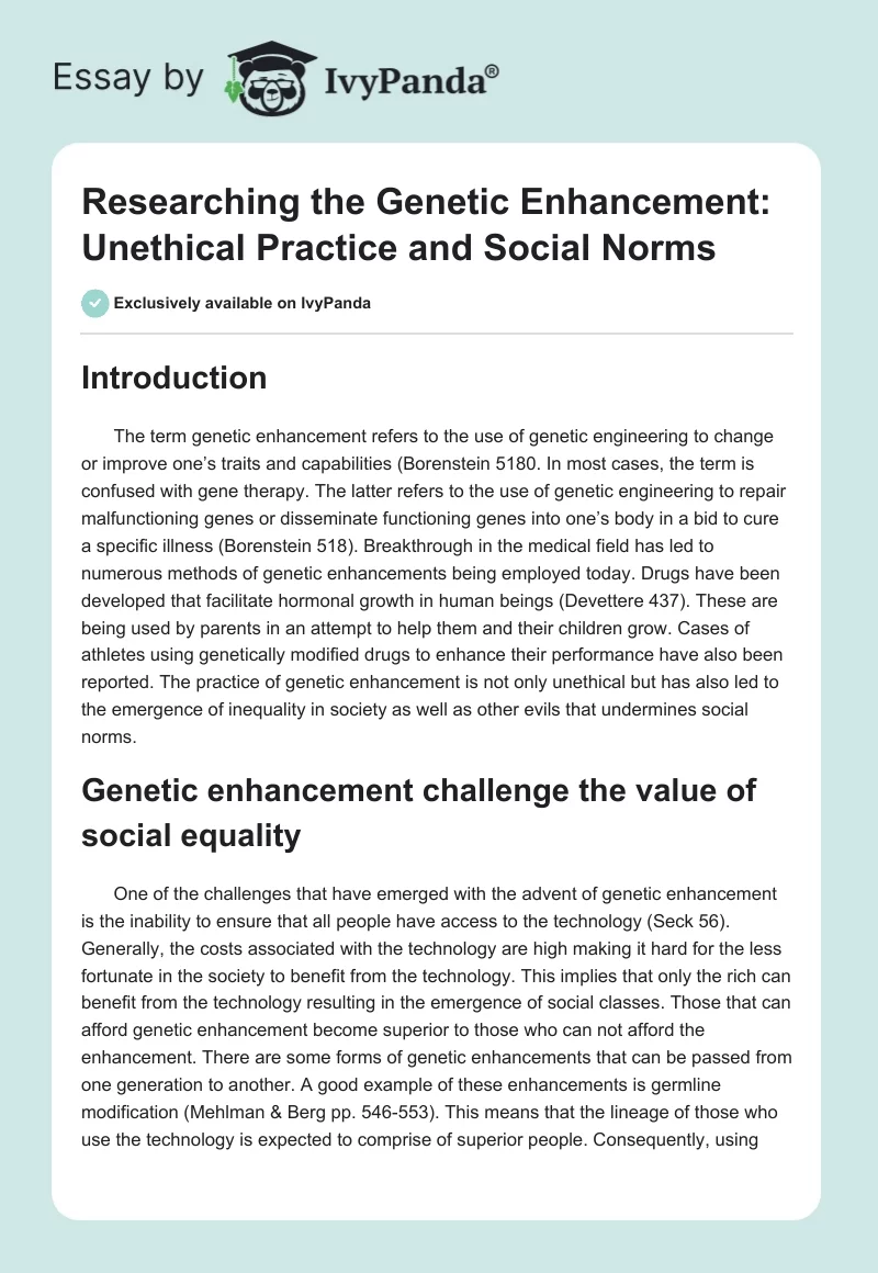 Researching the Genetic Enhancement: Unethical Practice and Social Norms. Page 1