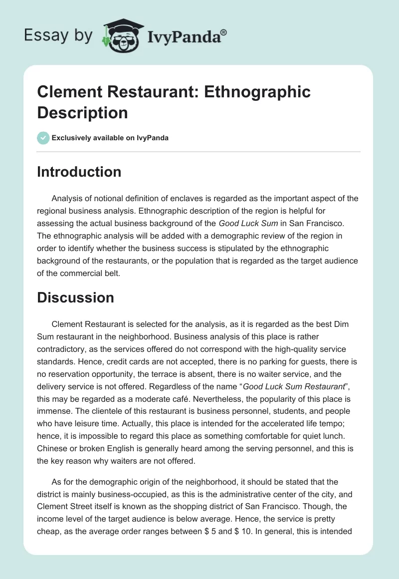 Clement Restaurant: Ethnographic Description. Page 1