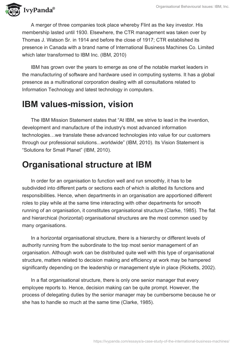 Organisational Behavioural Issues: IBM, Inc.. Page 2