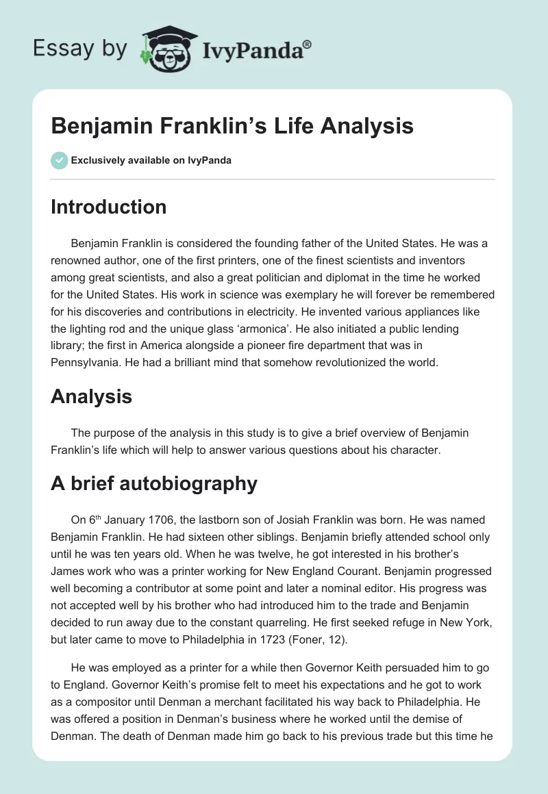 Benjamin Franklin’s Life Analysis. Page 1