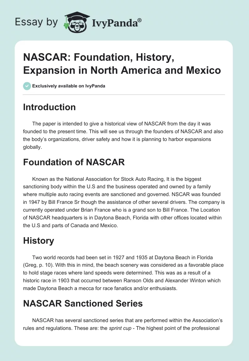 NASCAR: Foundation, History, Expansion in North America and Mexico. Page 1