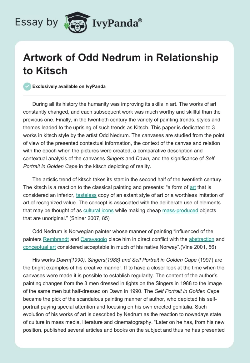Artwork of Odd Nedrum in Relationship to Kitsch. Page 1