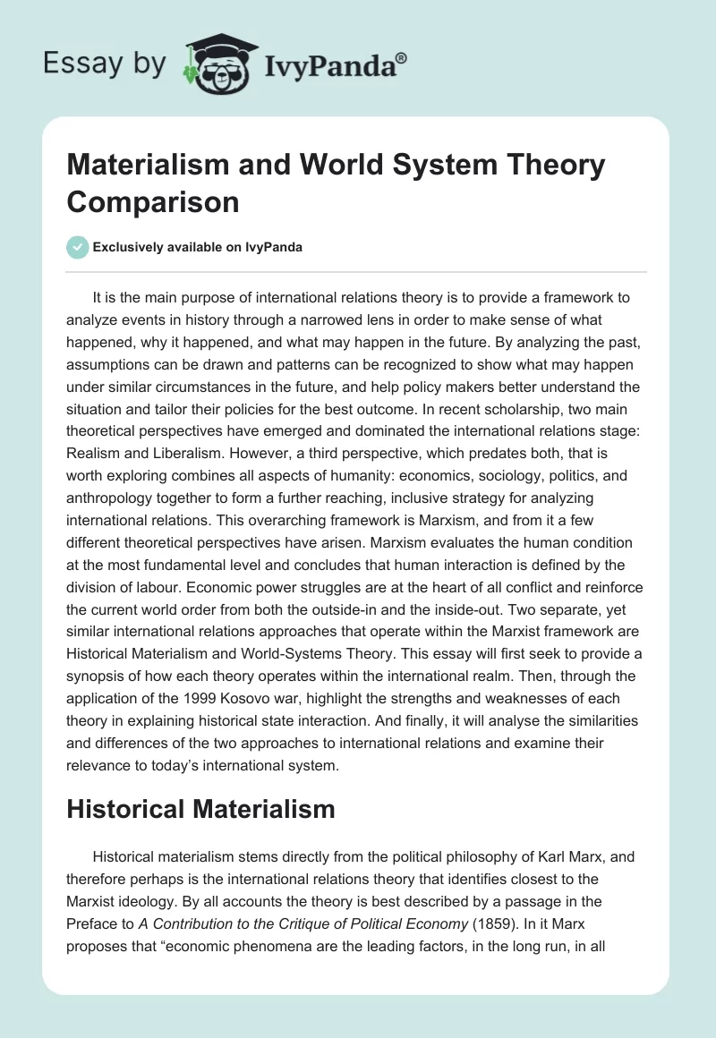 Materialism and World System Theory Comparison. Page 1