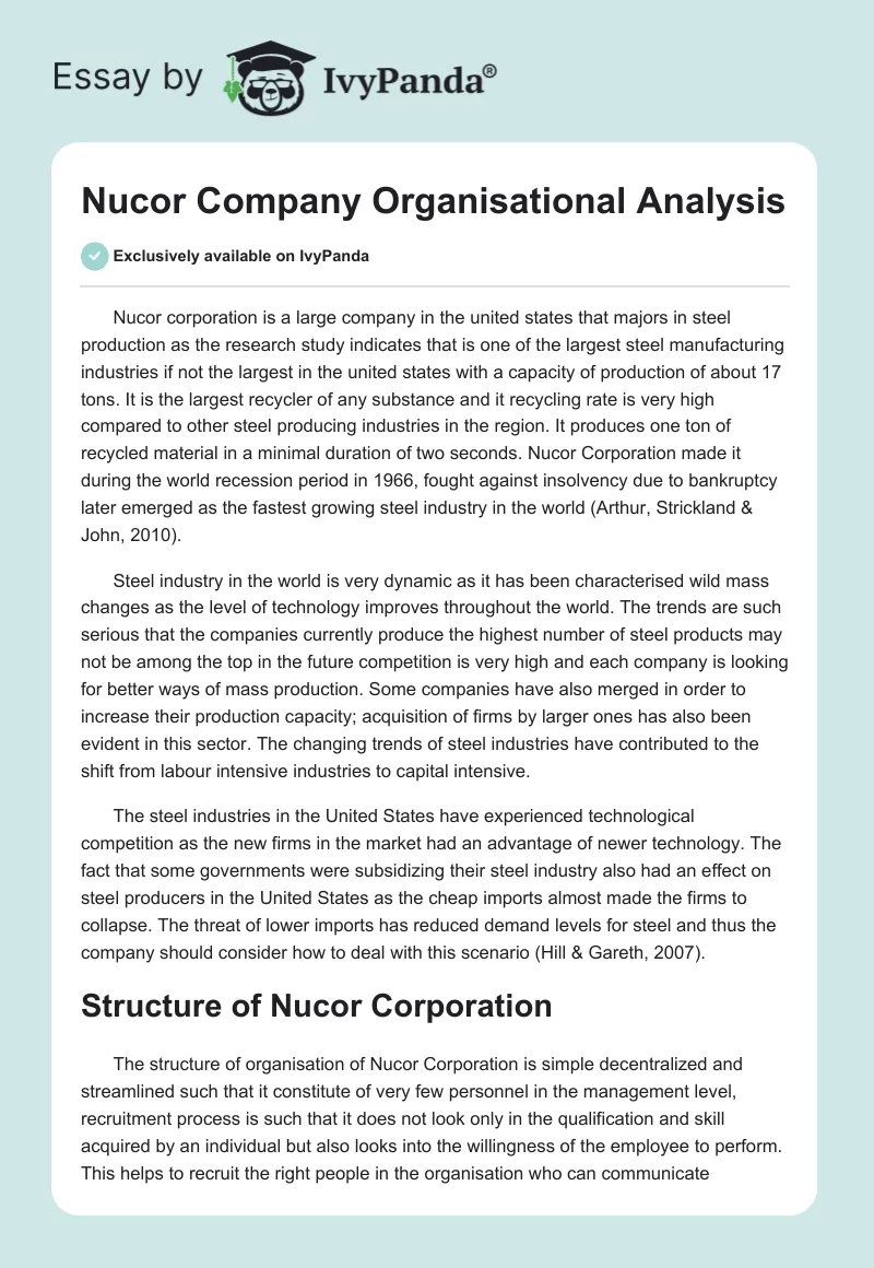 Nucor Company Organisational Analysis. Page 1