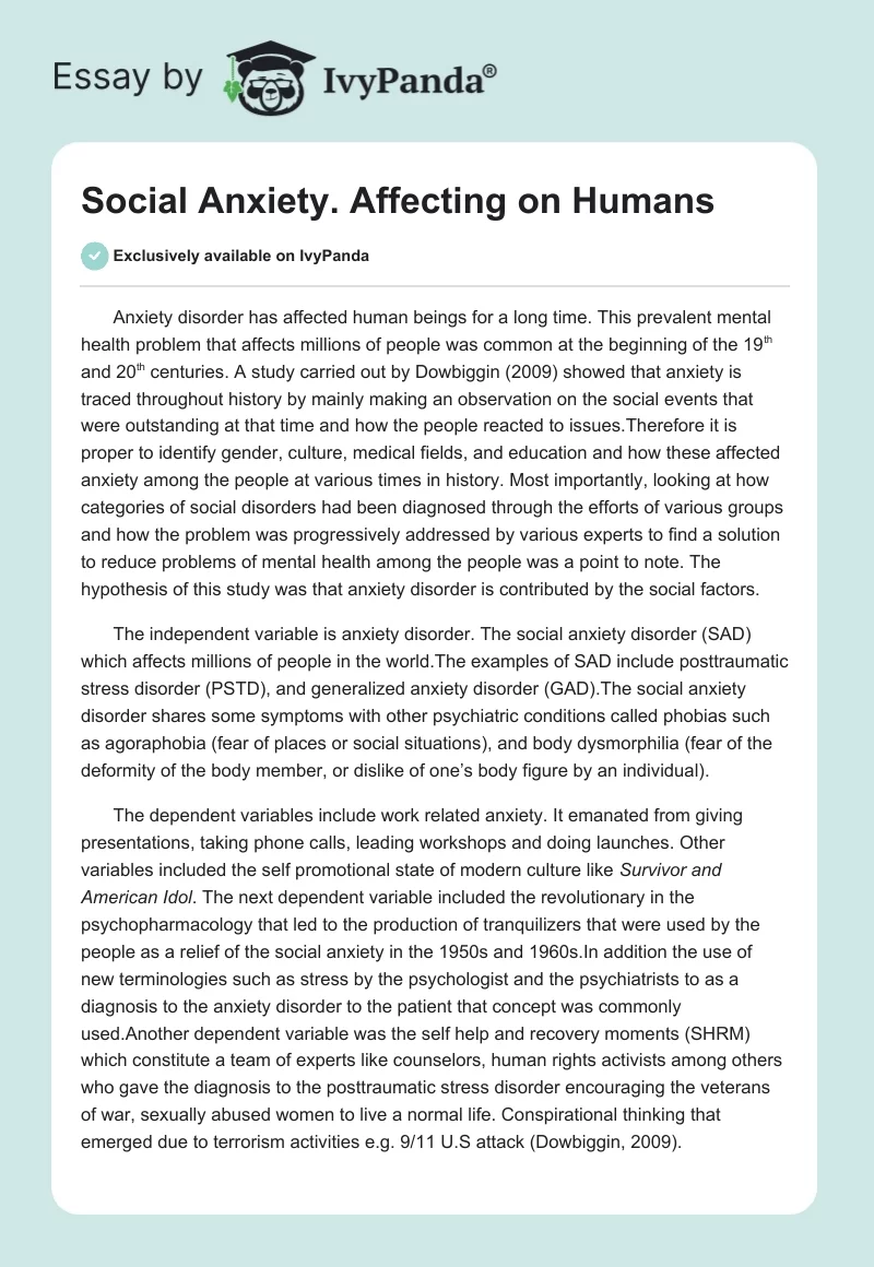 Social Anxiety. Affecting on Humans. Page 1