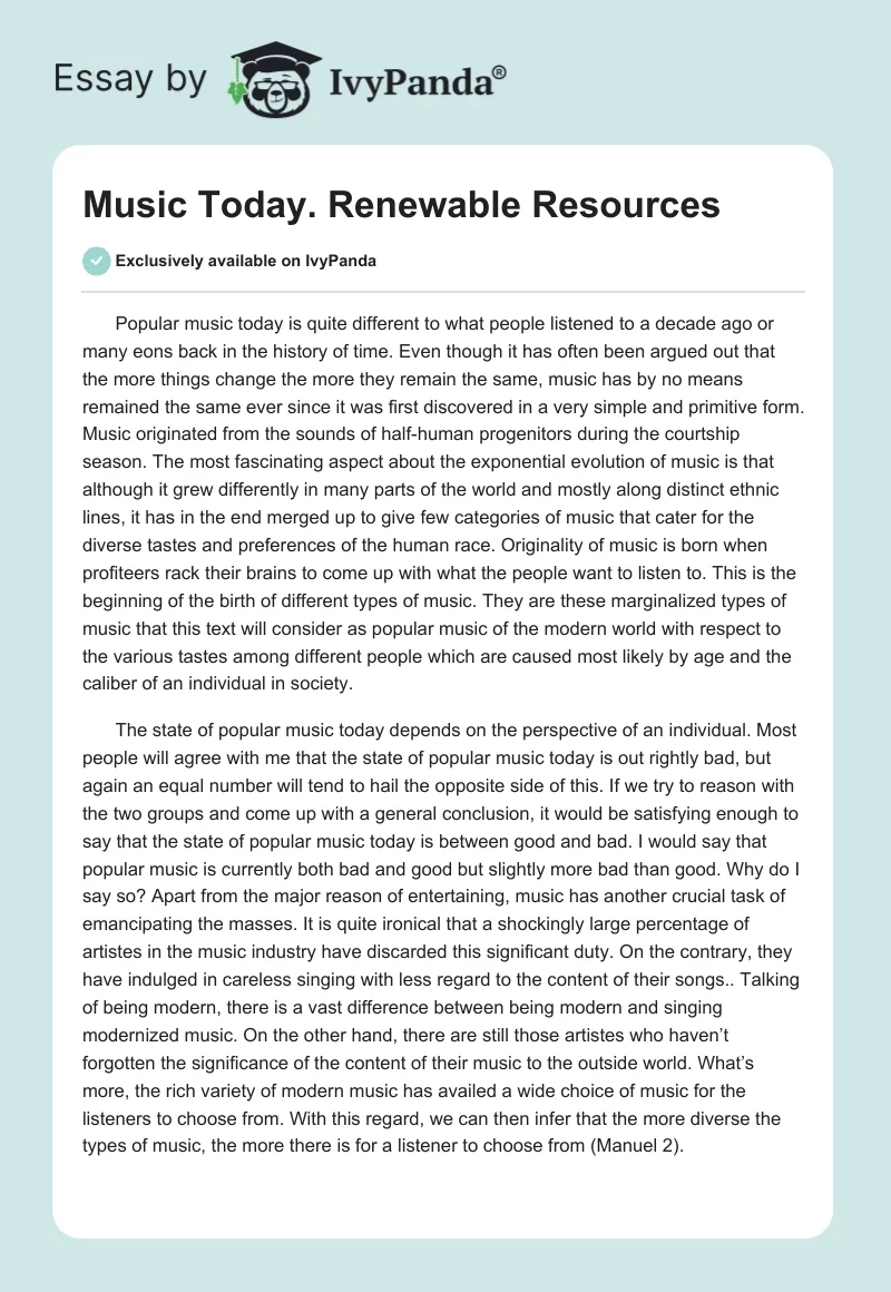 Music Today. Renewable Resources. Page 1