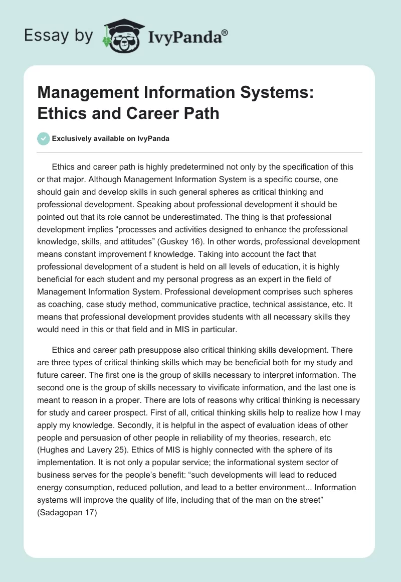 Management Information Systems: Ethics and Career Path. Page 1