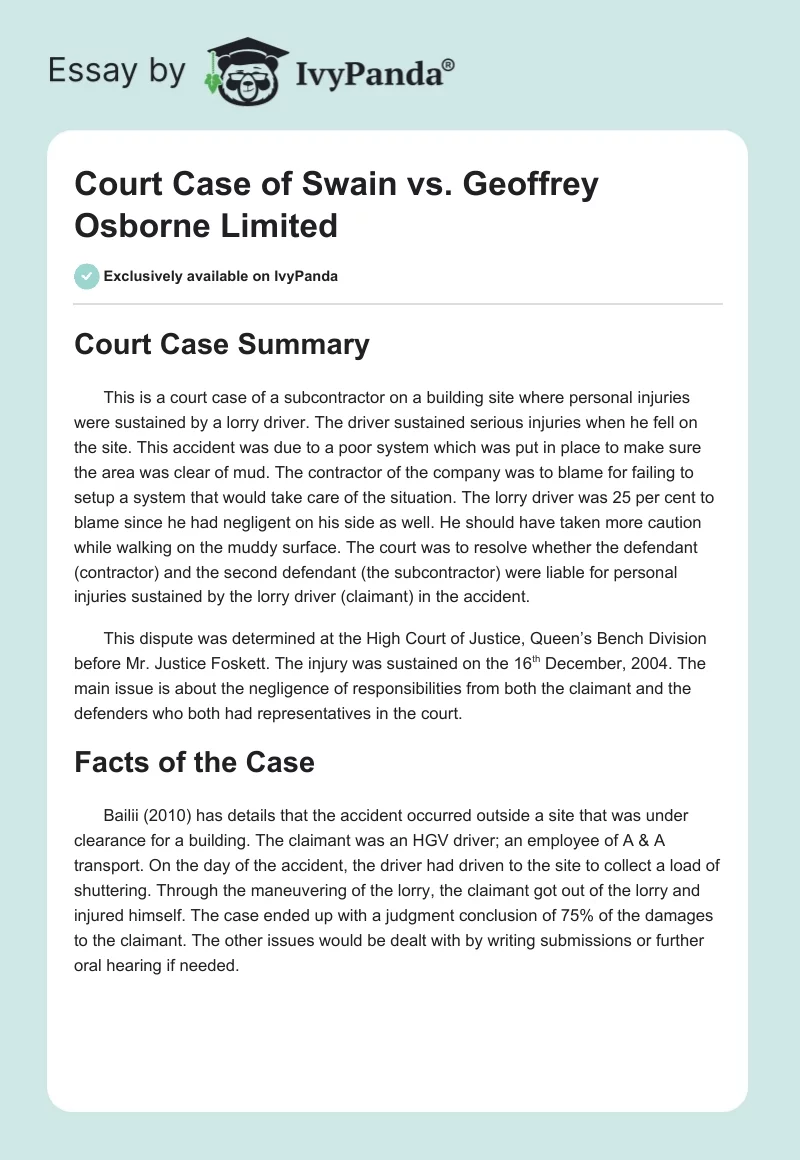 Court Case of Swain vs. Geoffrey Osborne Limited. Page 1