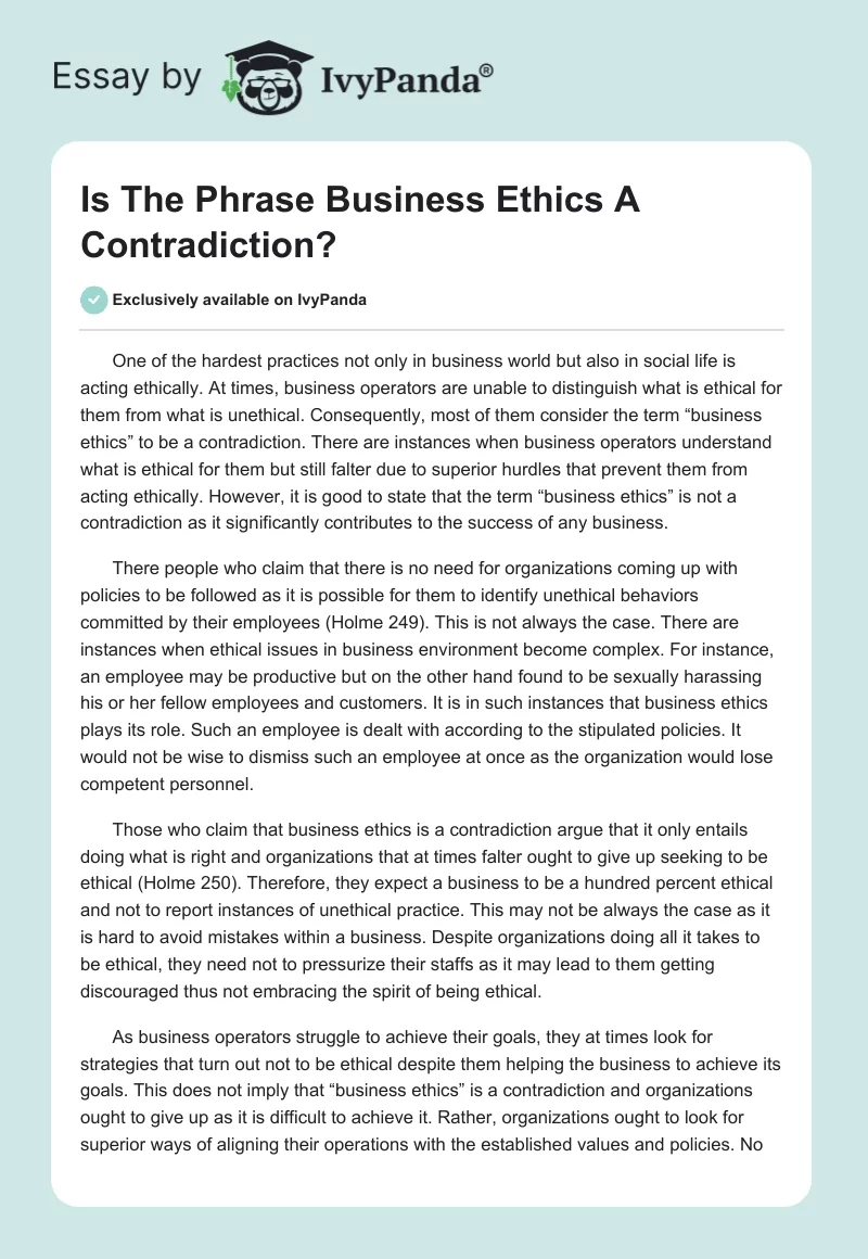 Is The Phrase "Business Ethics" A Contradiction?. Page 1