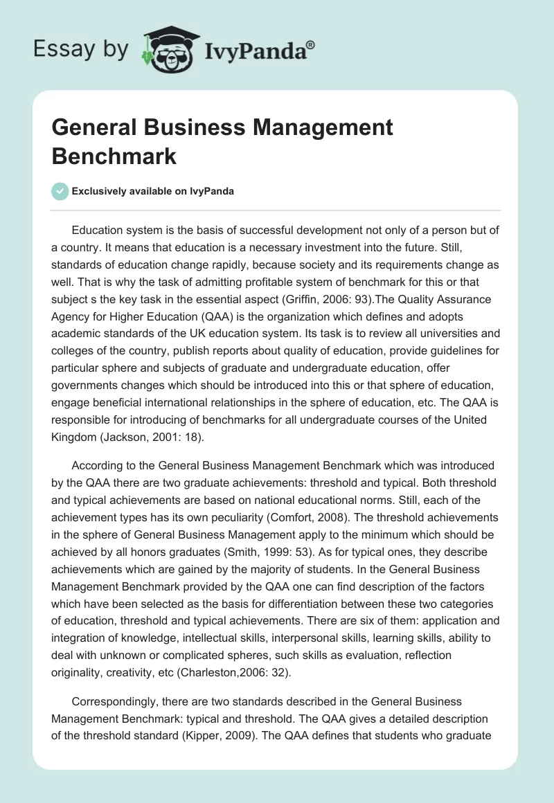 General Business Management Benchmark. Page 1