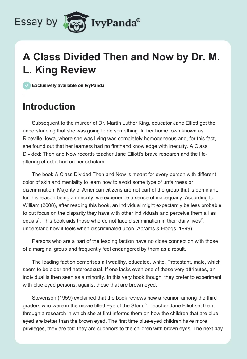 "A Class Divided Then and Now" by Dr. M. L. King Review. Page 1
