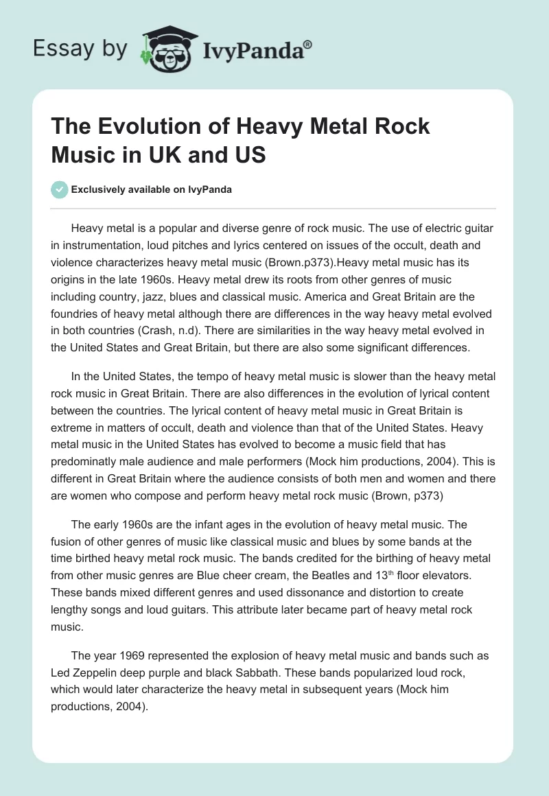 The Evolution of Heavy Metal Rock Music in UK and US. Page 1