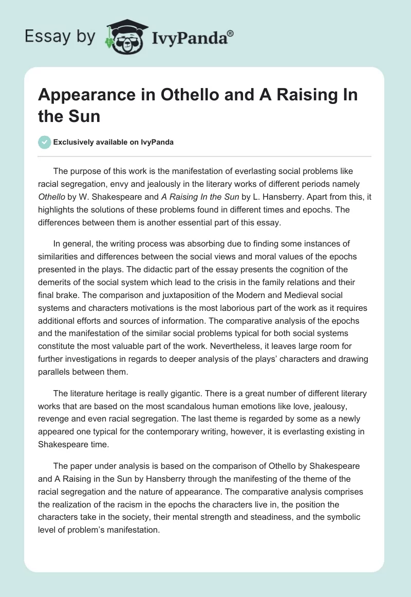 Appearance in "Othello" and "A Raisin in the Sun". Page 1