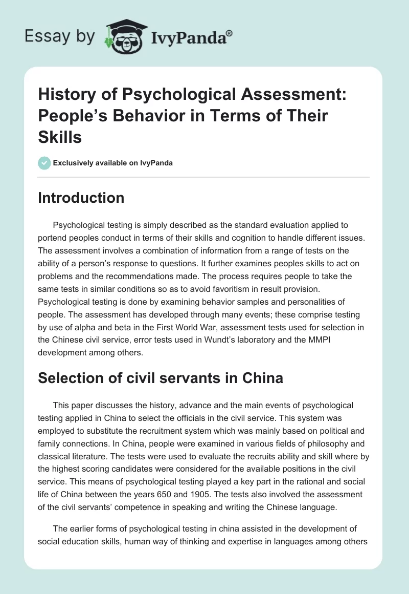 History of Psychological Assessment: People’s Behavior in Terms of Their Skills. Page 1