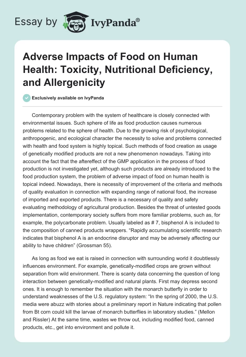 Adverse Impacts of Food on Human Health: Toxicity, Nutritional Deficiency, and Allergenicity. Page 1