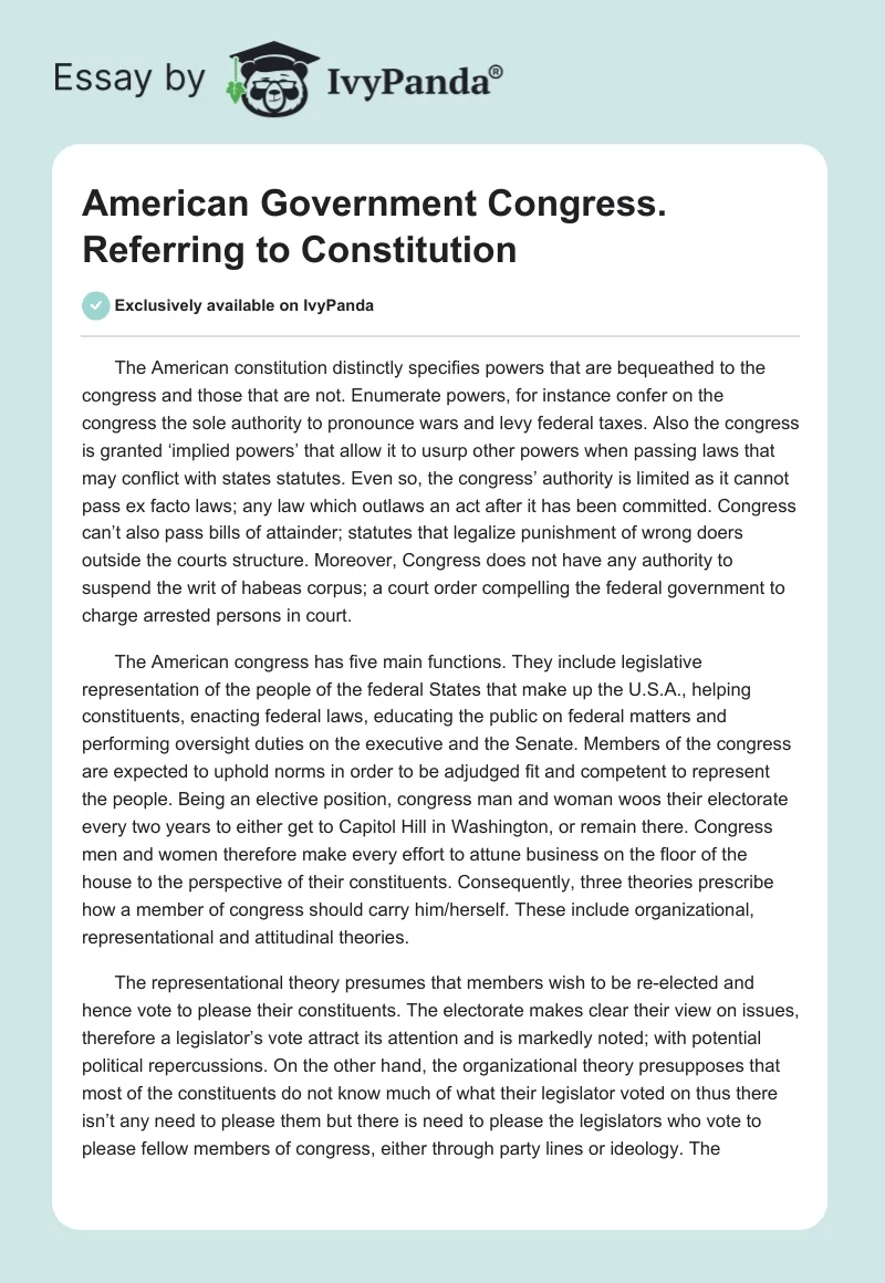 American Government Congress. Referring to Constitution. Page 1