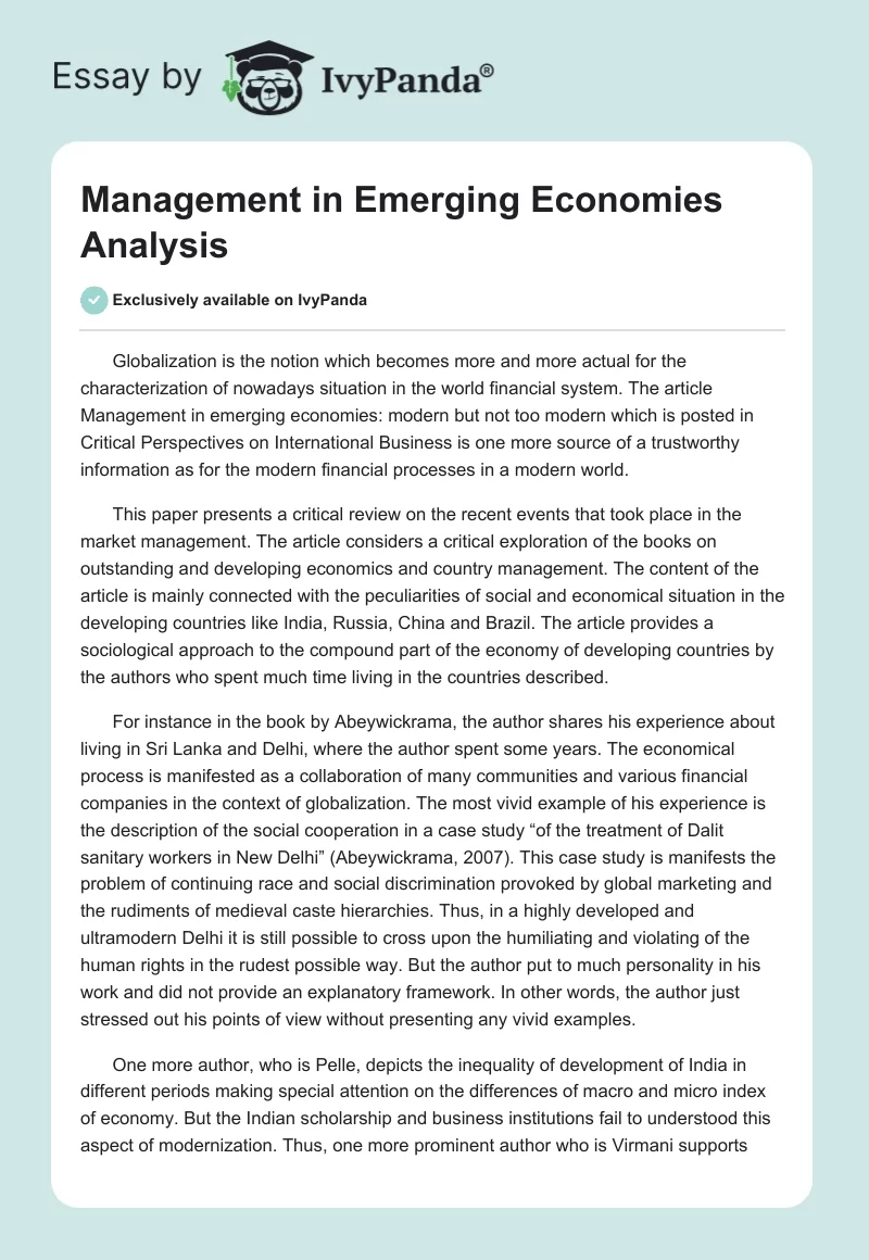 Management in Emerging Economies Analysis. Page 1