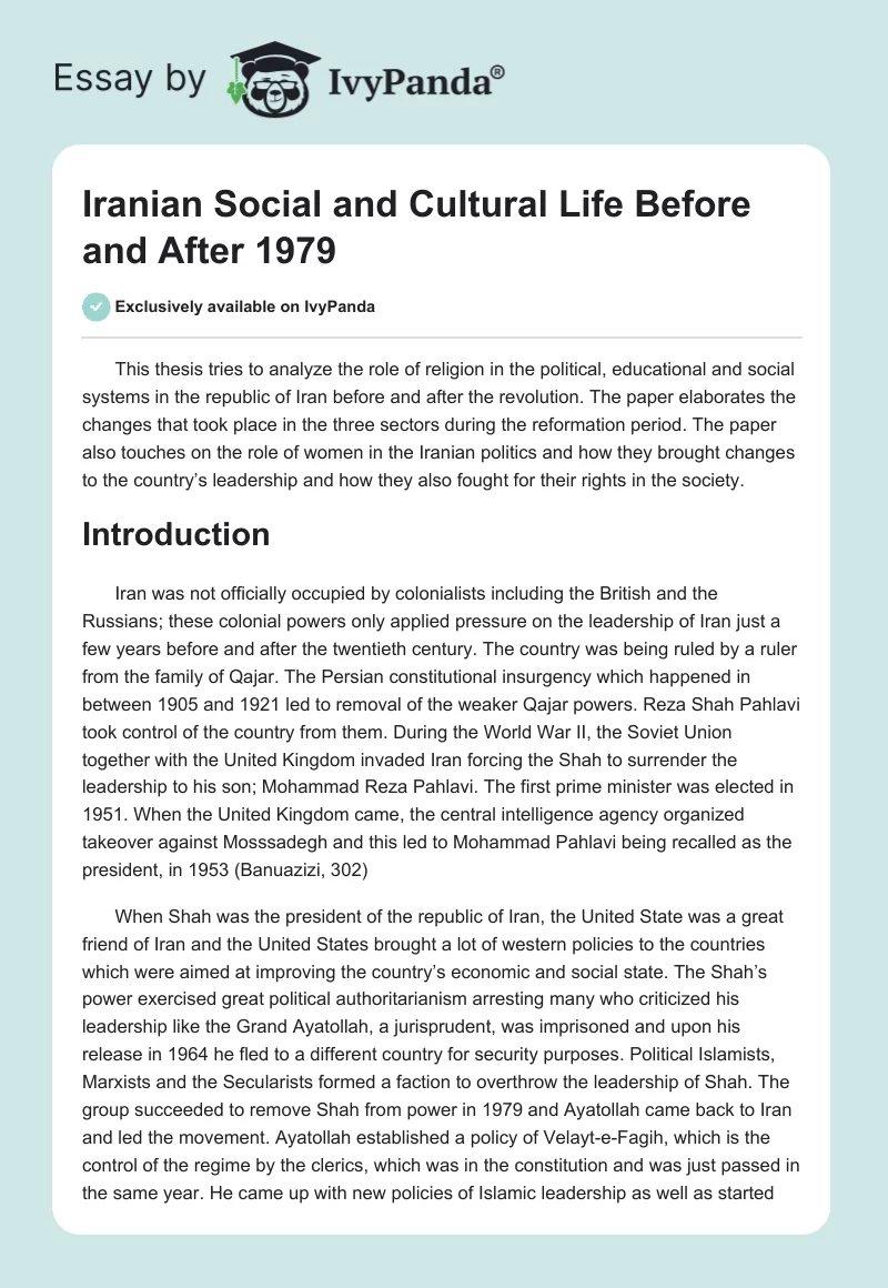 Iranian Social and Cultural Life Before and After 1979. Page 1