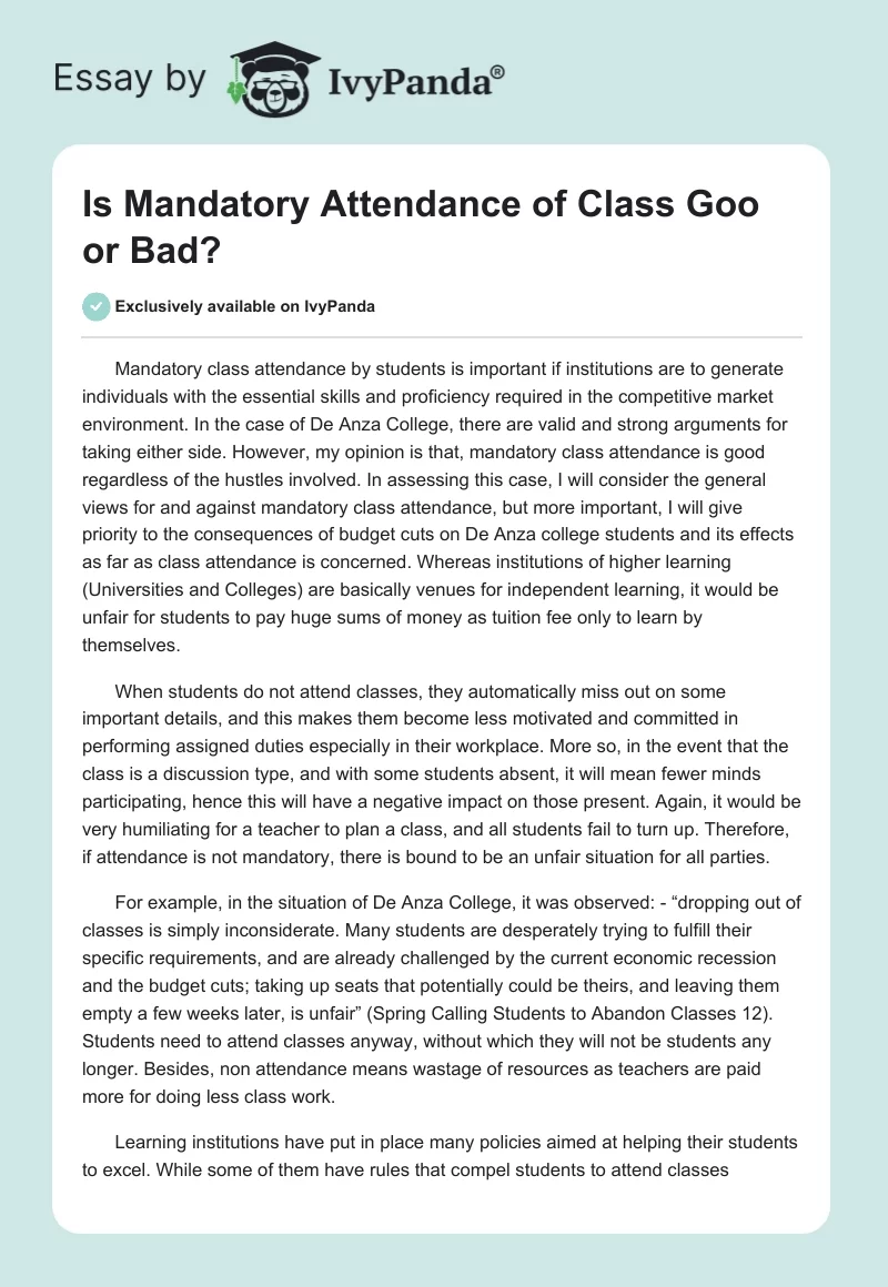 Is Mandatory Attendance of Class Goo or Bad?. Page 1