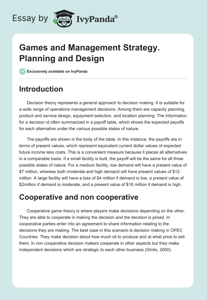 Games and Management Strategy. Planning and Design. Page 1