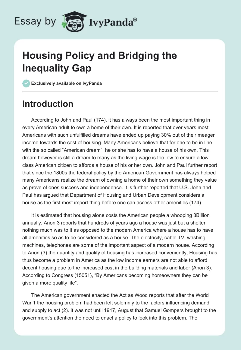 Housing Policy and Bridging the Inequality Gap. Page 1