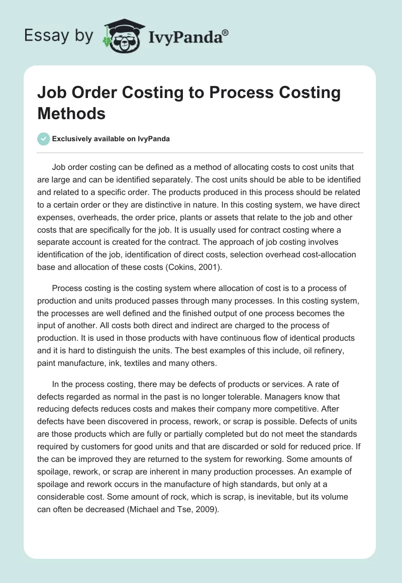 Job Order Costing to Process Costing Methods. Page 1