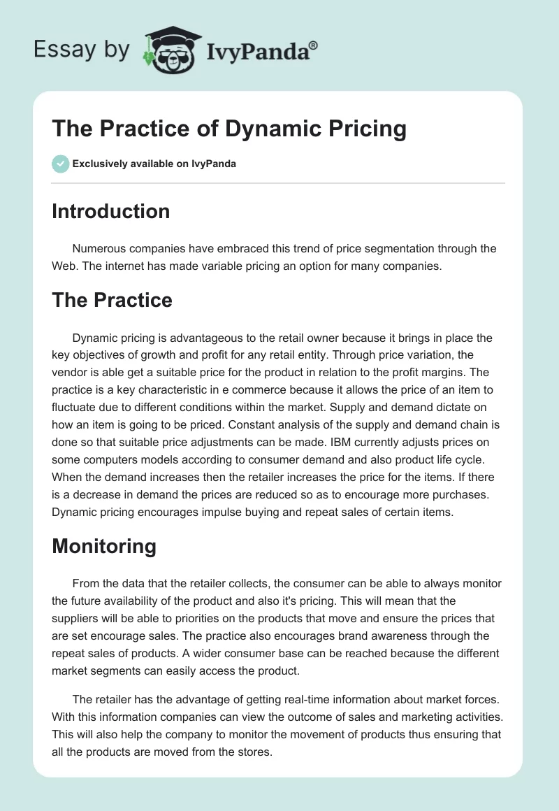 The Practice of Dynamic Pricing. Page 1